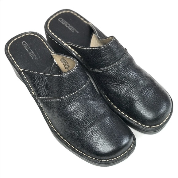 CHEROKEE Genuine Leather Size 9.5 Black Chunky Wedge Block Heel Clog Mules - Picture 8 of 15